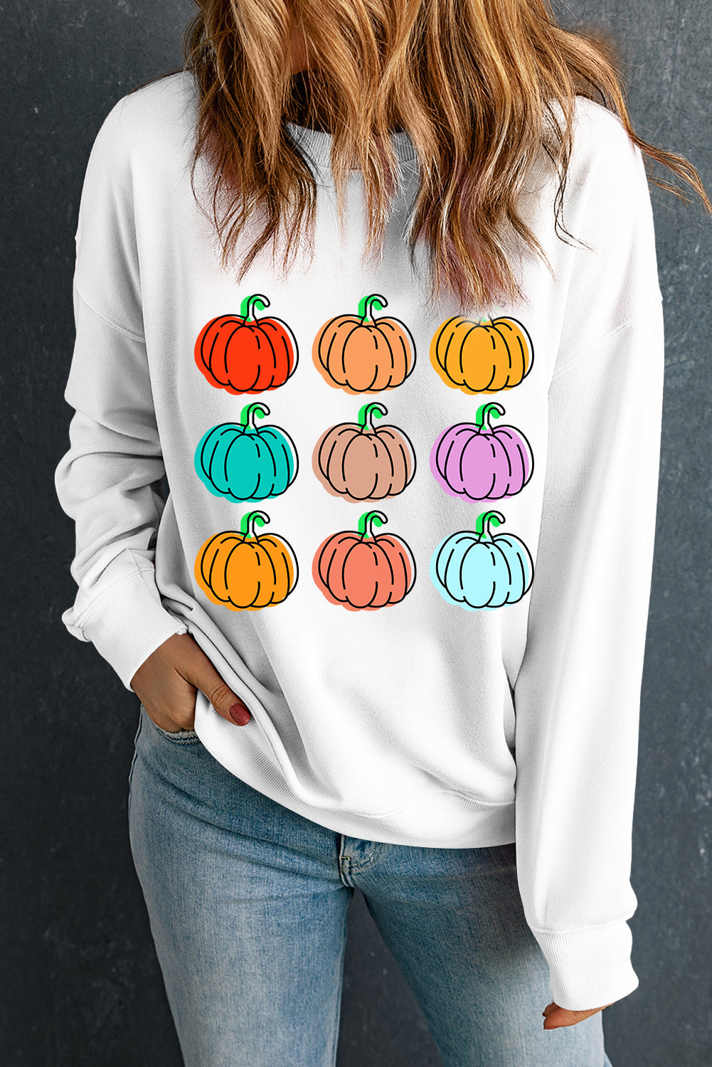 Beige Vibrant Pumpkins Print Crew Neck Halloween Sweatshirt from MsDressly