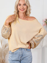 Apricot Sequin Patchwork Waffle Knit Open Back Top with Long Sleeves from MsDressly