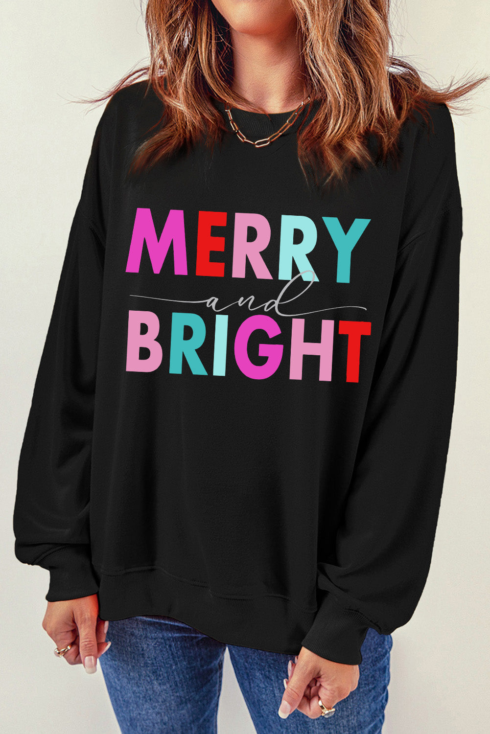 Black Colorful MERRY and BRIGHT Graphic Sweatshirt from MsDressly
