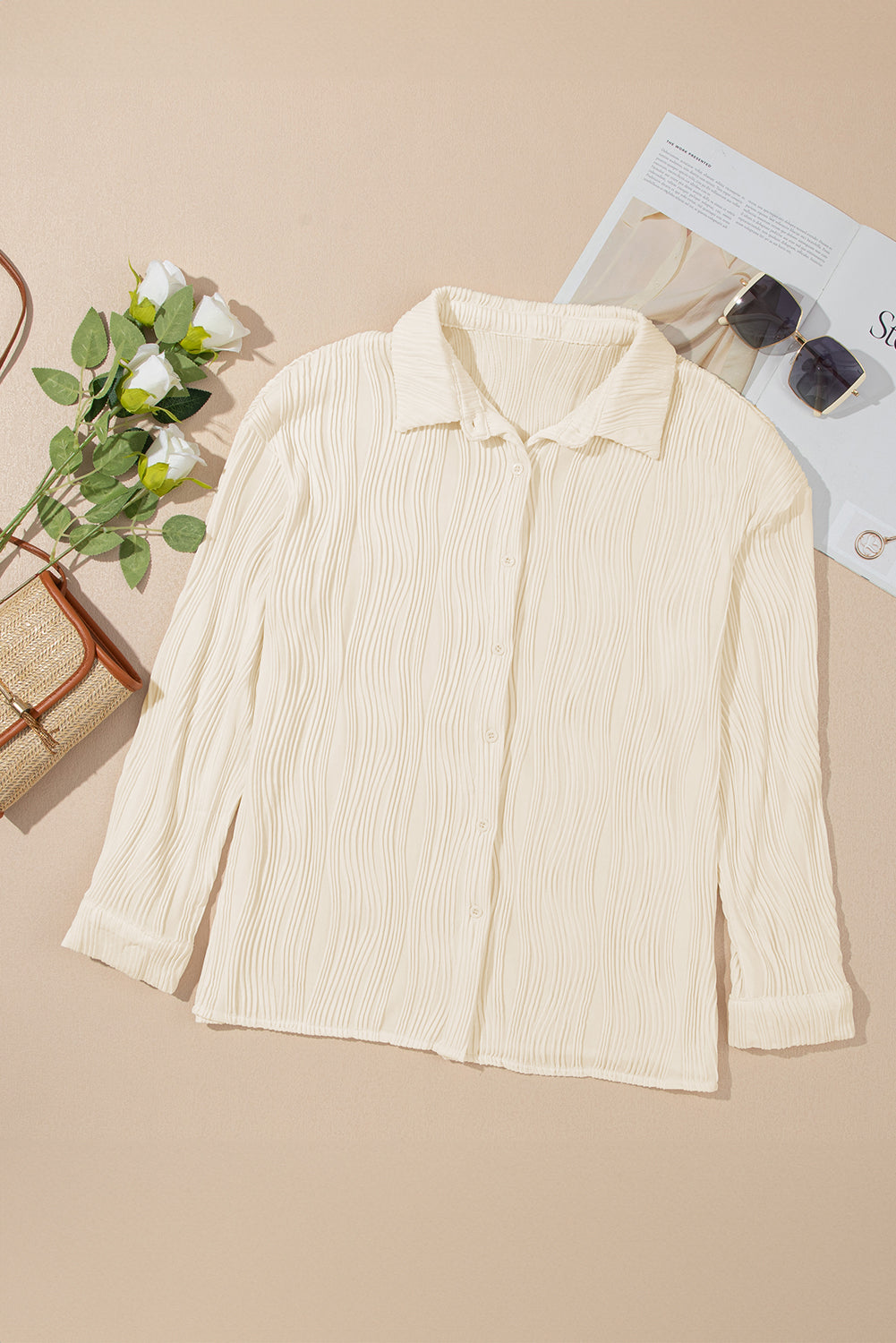 Apricot Solid Textured Buttoned Turn Down Collar Shirt from MsDressly
