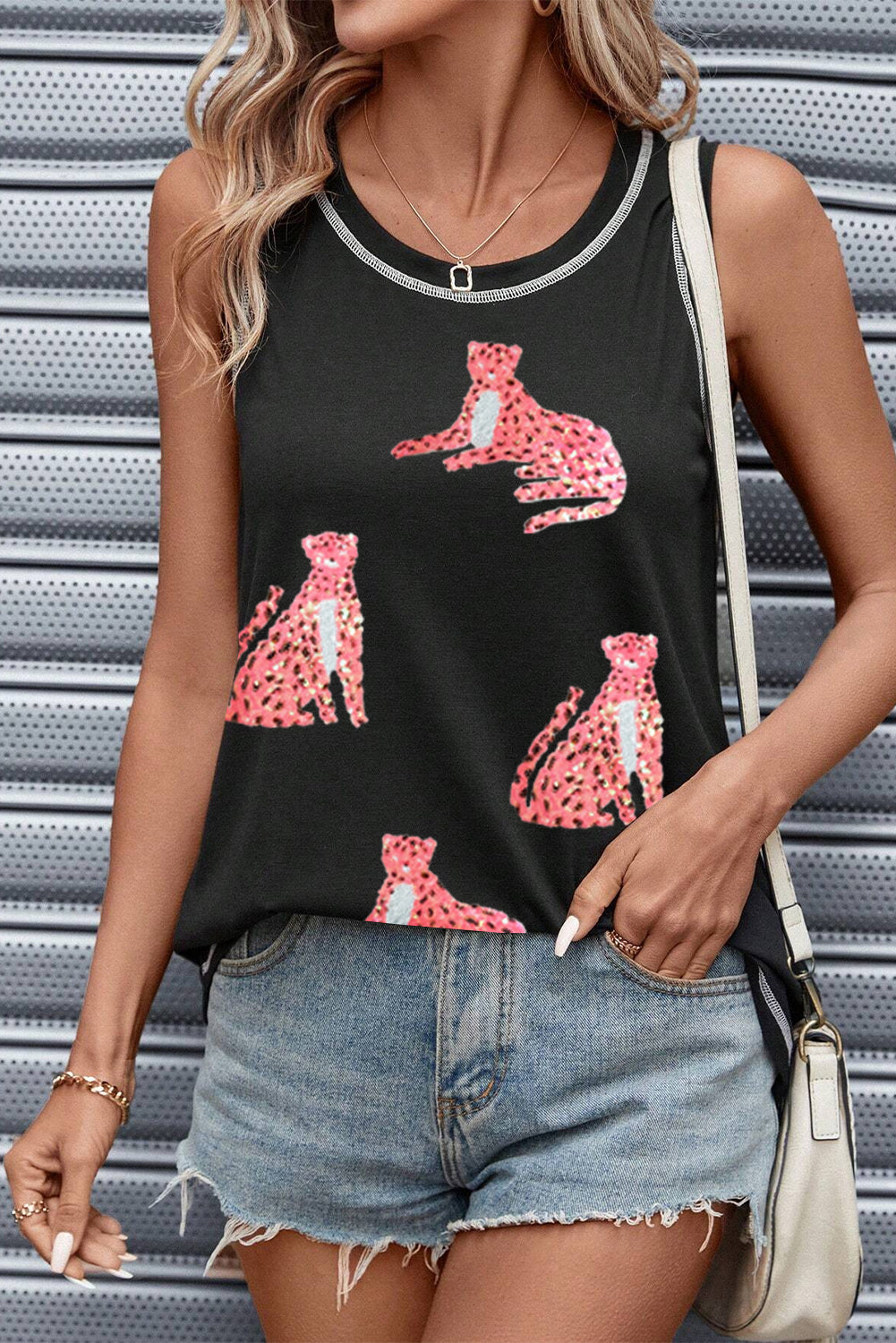 Black Sequin Cheetah Round Neck Stitching Loose Tank Top From MsDressly