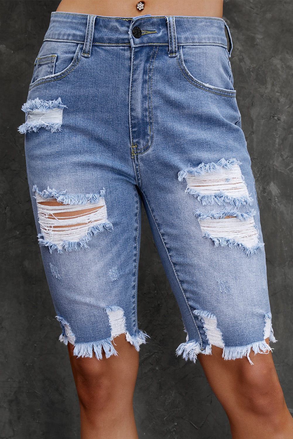 Blue Raw Hem Denim Jorts with Distressed Details, Mid-Stretch Slash Pockets Bermuda Denim Shorts, Women's Denim Jeans & Apparel from MsDressly