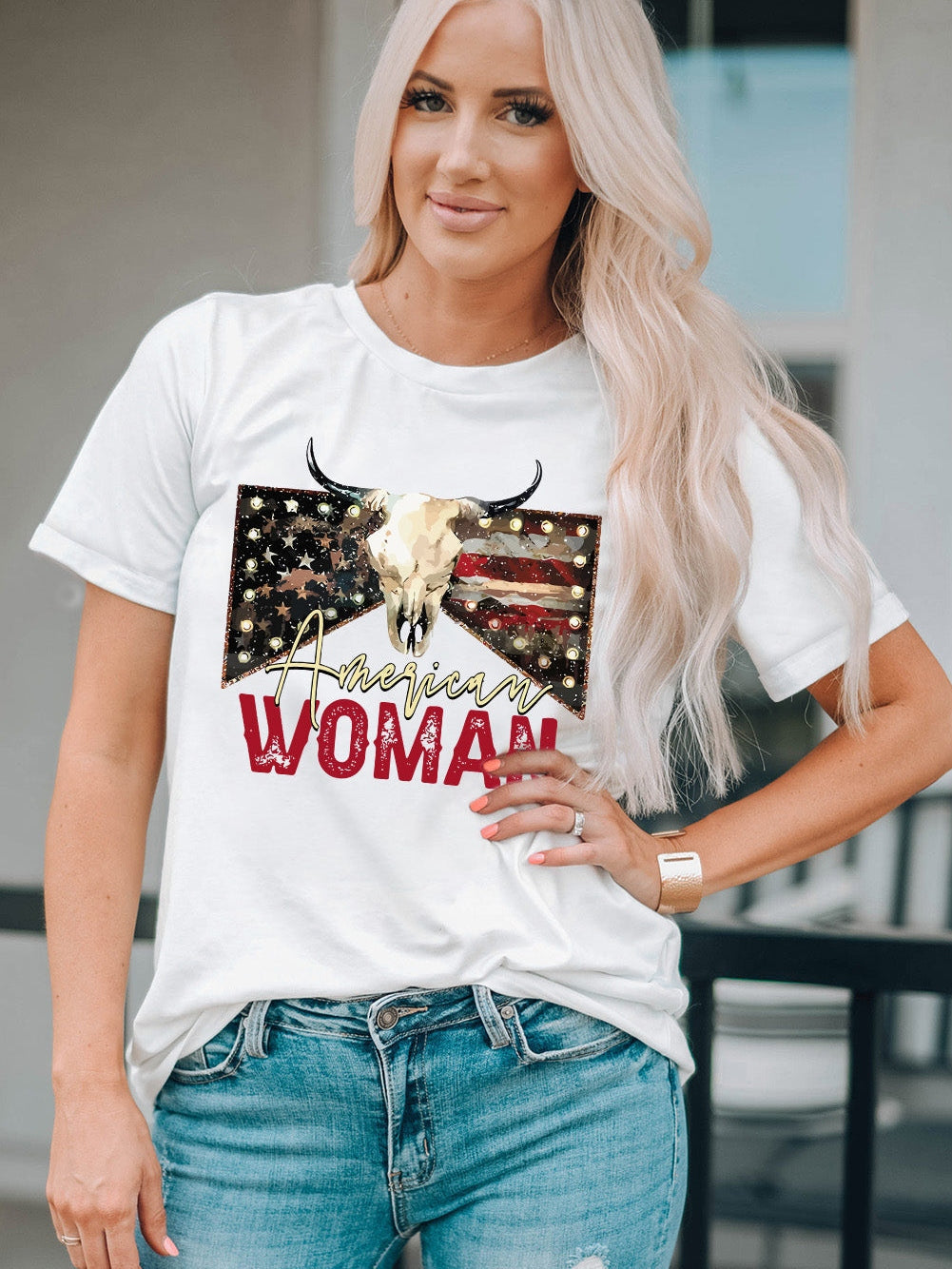 American Woman Bull Skull Print White Graphic Tee from MsDressly