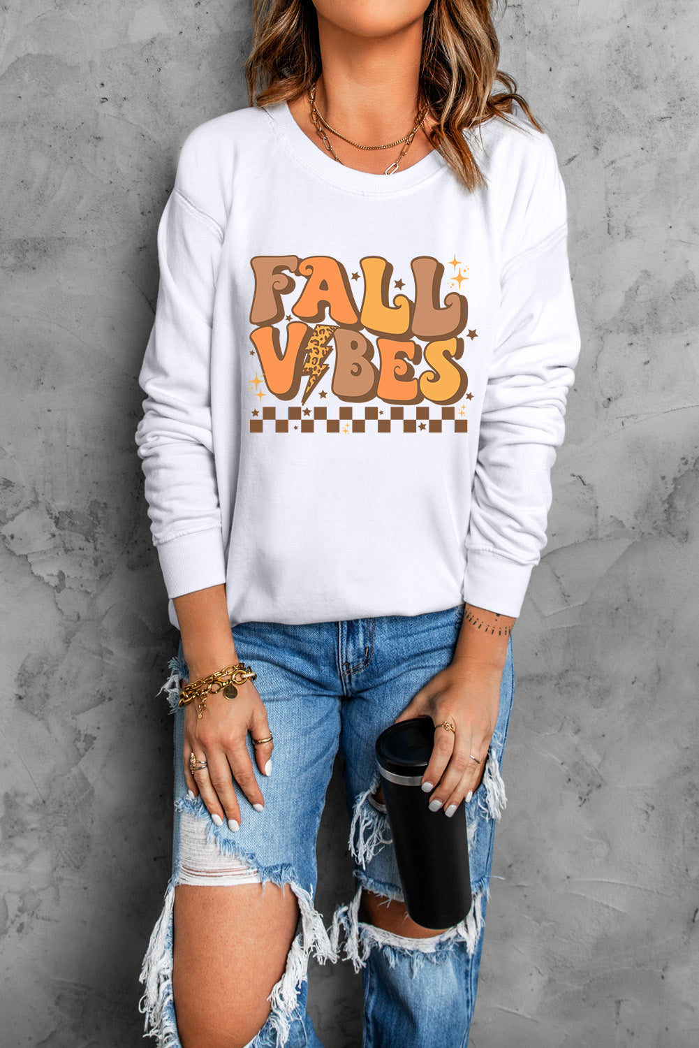 Beige FALL VIBES Graphic Drop Shoulder Sweatshirt from MsDressly