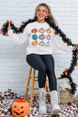 Beige Vibrant Pumpkins Print Crew Neck Halloween Sweatshirt from MsDressly