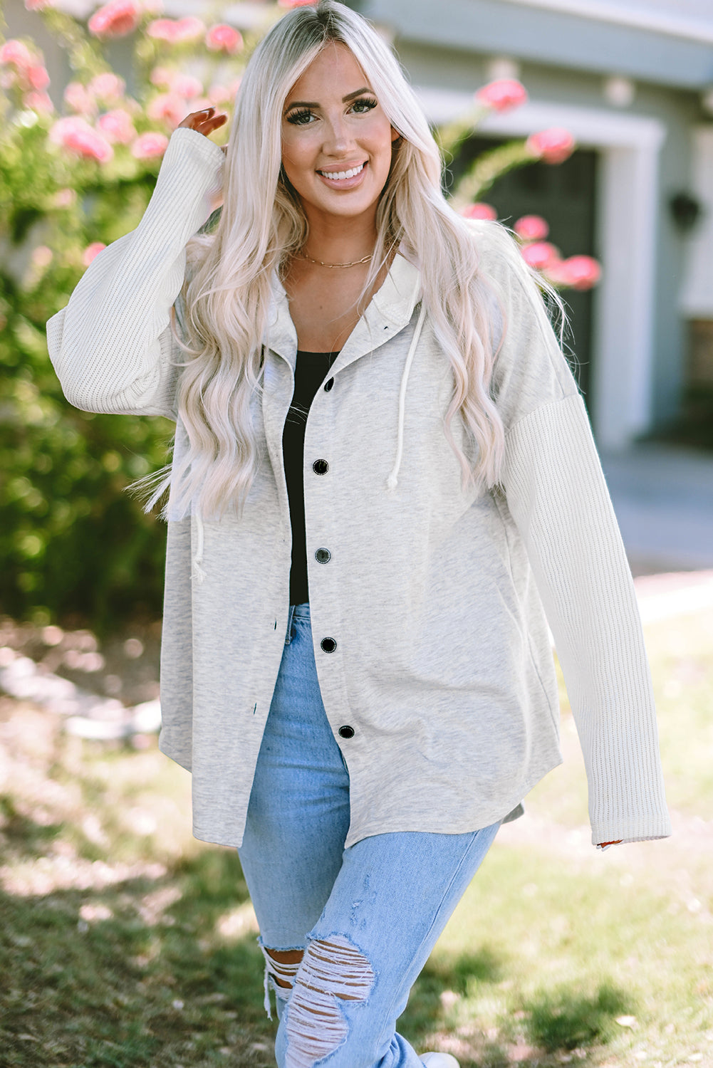 Berkley Button Up Knitted Sleeves Hooded Jacket from Threaded Pear