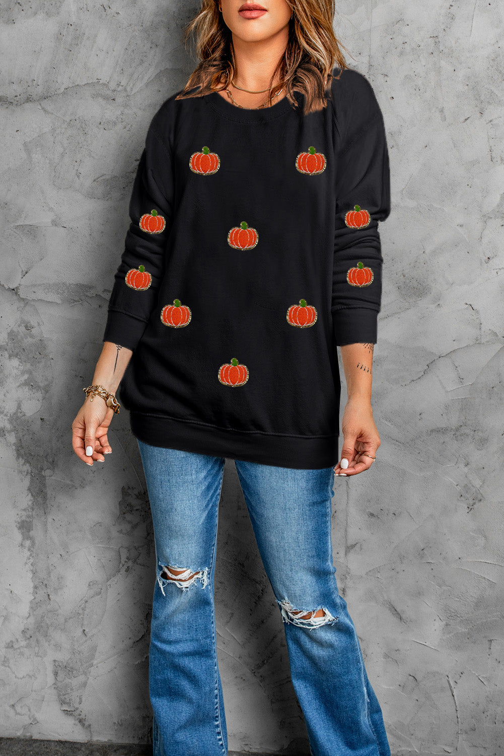 Black Halloween Pumpkin Graphic Drop Shoulder Sweatshirt from MsDressly