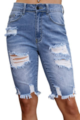 Blue Raw Hem Denim Jorts with Distressed Details, Mid-Stretch Slash Pockets Bermuda Denim Shorts, Women's Denim Jeans & Apparel from MsDressly