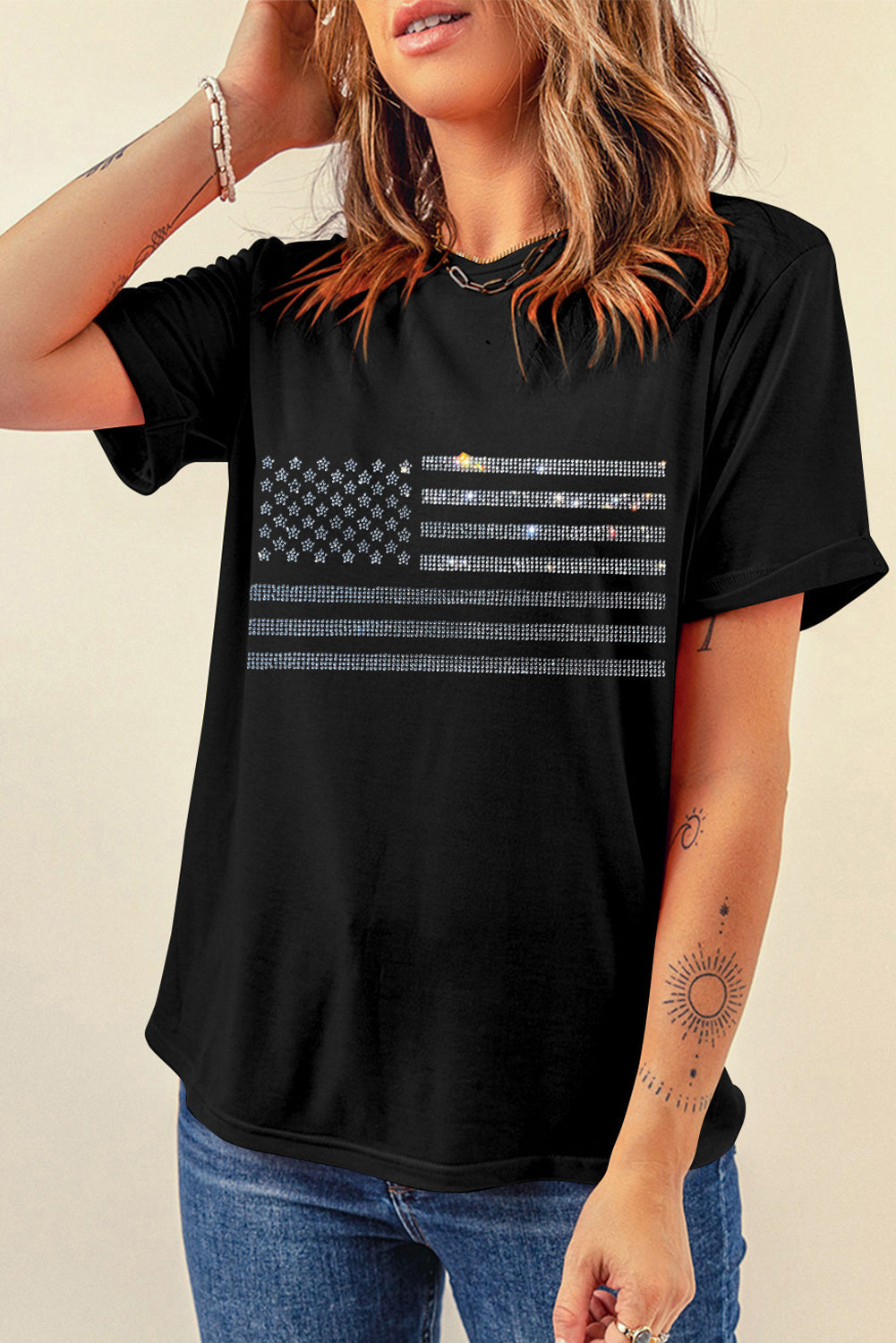 Black Glittering Rhinestone American Flag Pattern T Shirt from MsDressly