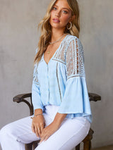 3/4 Sleeve Crochet Blouse in Light Blue from MsDressly
