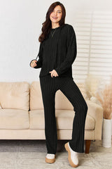 Basic Bae Full Size Ribbed Drawstring Hooded Top and Straight Pants Set from Enfance-Heureuse