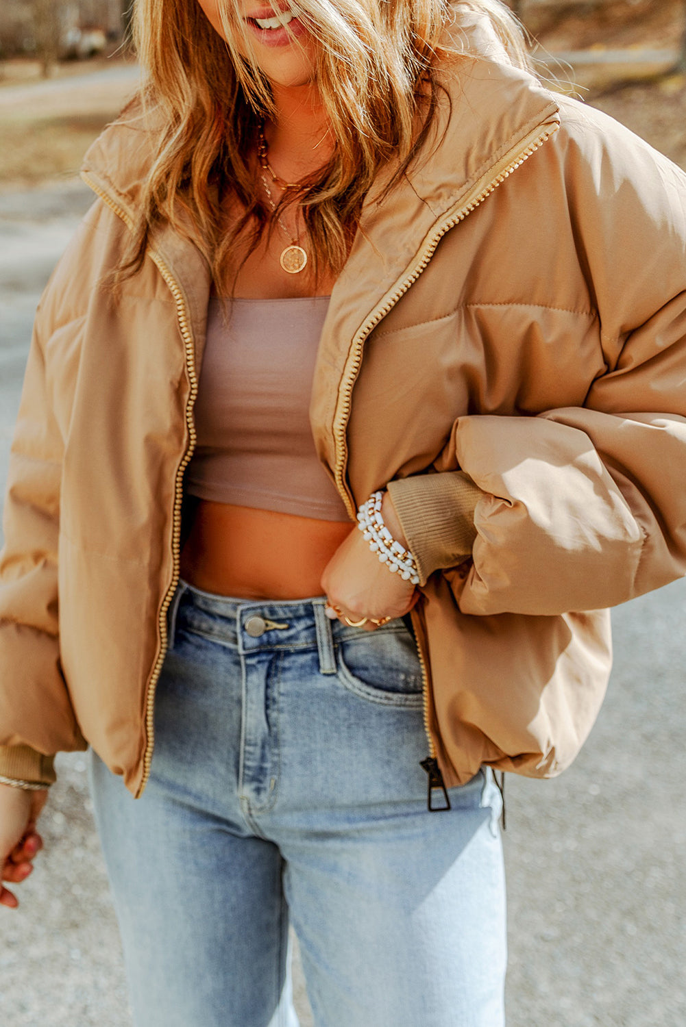 Brown Zip Up Pocketed Puffer Coat From MsDressly