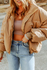 Brown Zip Up Pocketed Puffer Coat From MsDressly
