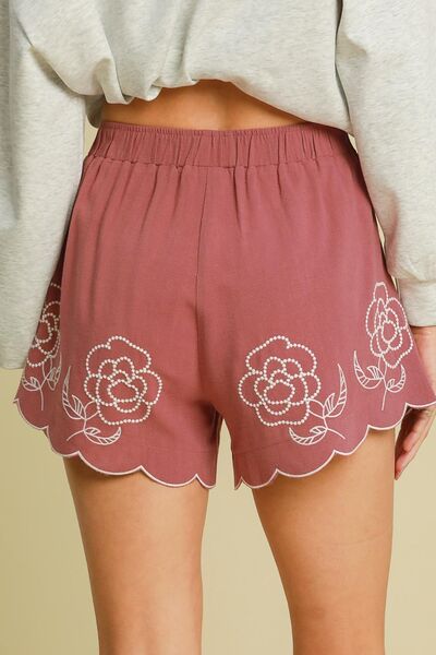 Umgee Full Size Linen Blend Shorts with Floral Embroidered Details Plus Size from Enfance-Heureuse