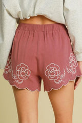 Umgee Full Size Linen Blend Shorts with Floral Embroidered Details Plus Size from Enfance-Heureuse