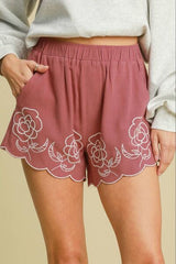 Umgee Full Size Linen Blend Shorts with Floral Embroidered Details Plus Size from Enfance-Heureuse
