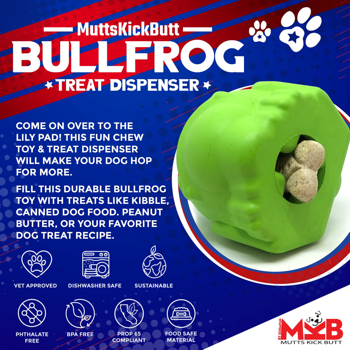Bull Frog Durable Rubber Chew Toy & Treat Dispenser - Large From SodaPup