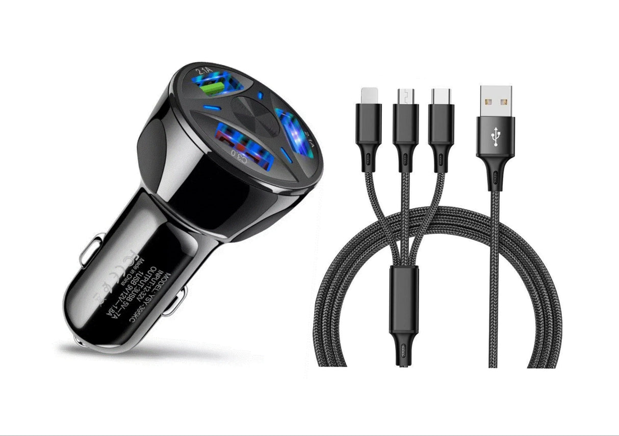 3 Port Fast LED Car Charger + 3 in 1 Cable Combo Black from PremiumBrandGoods