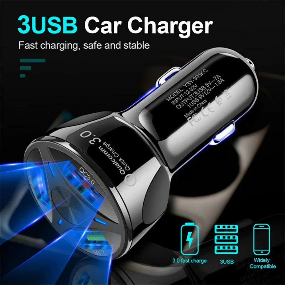 3 Port Fast LED Car Charger + 3 in 1 Cable Combo Black from PremiumBrandGoods