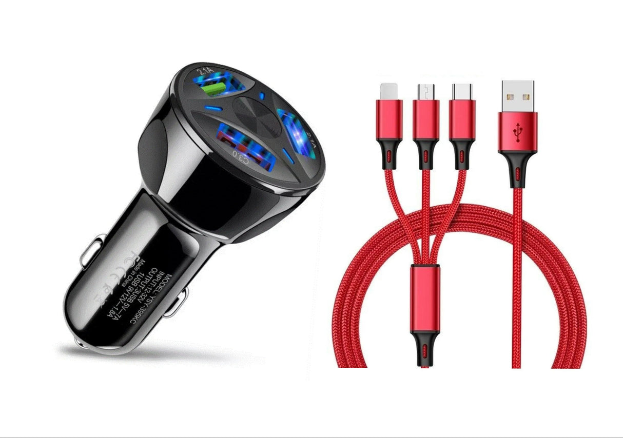 3 Port Fast LED Car Charger + 3 in 1 Cable Combo Red from PremiumBrandGoods