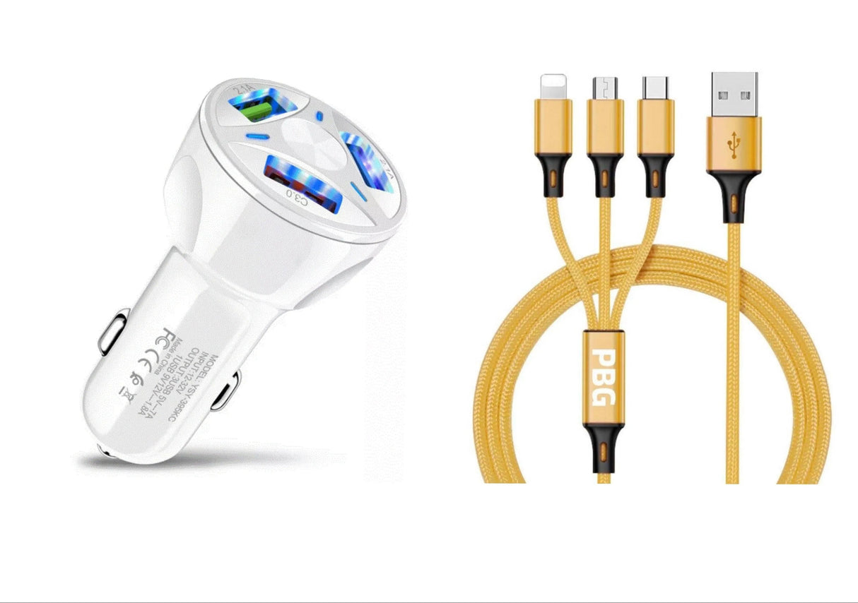 3 Port Fast LED White Car Charger + 3 in 1 Cable Combo Gold from PremiumBrandGoods