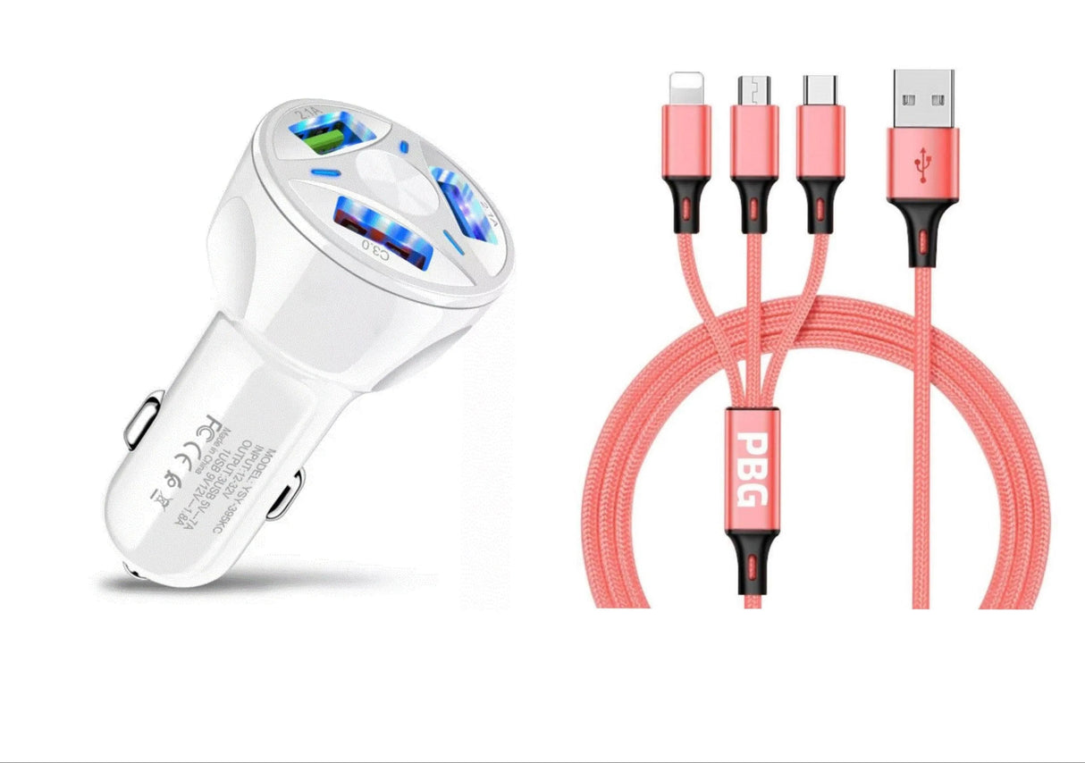 3 Port Fast LED White Car Charger + 3 in 1 Cable Combo Pink from PremiumBrandGoods
