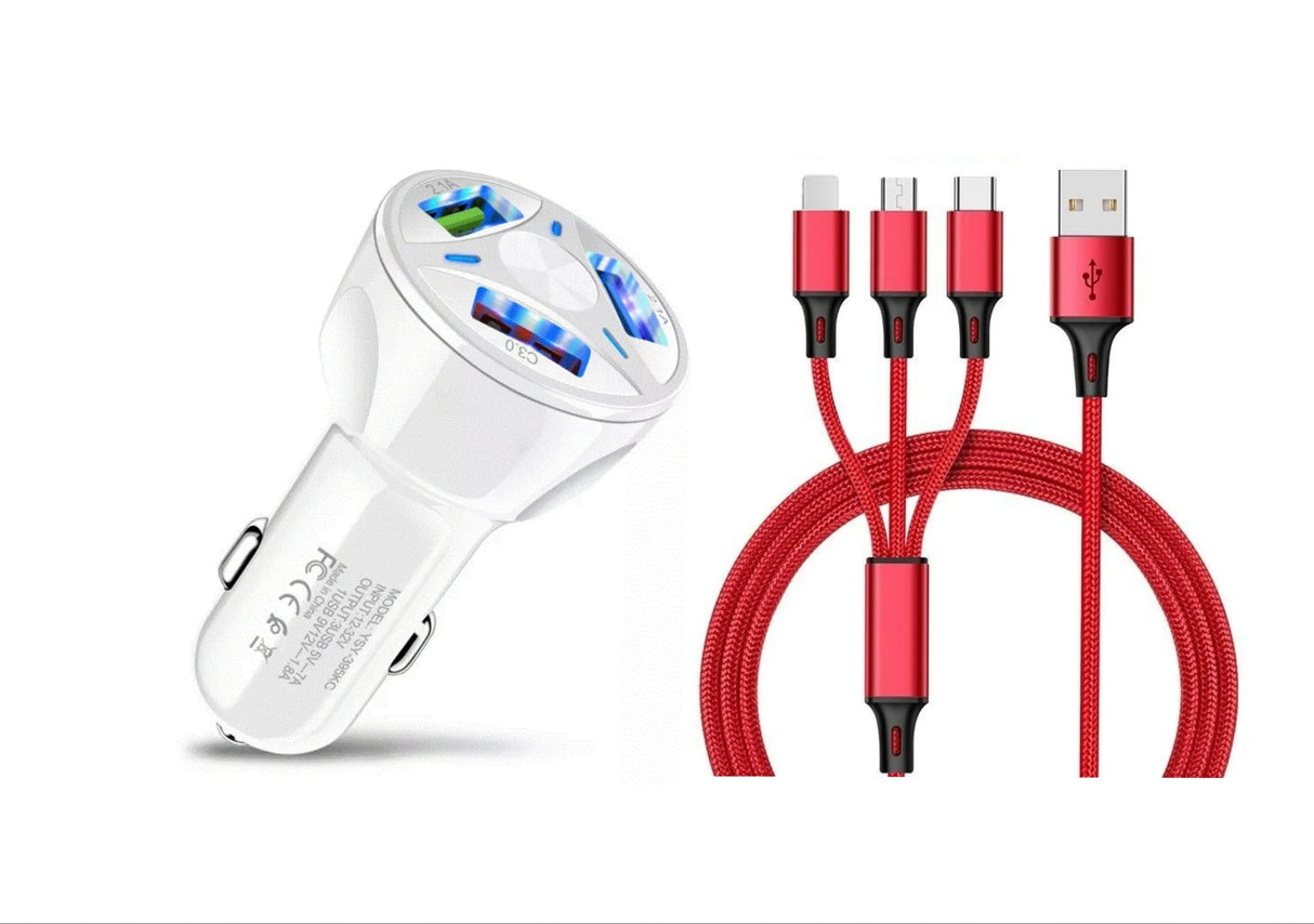 3 Port Fast LED White Car Charger + 3 in 1 Cable Combo from PremiumBrandGoods
