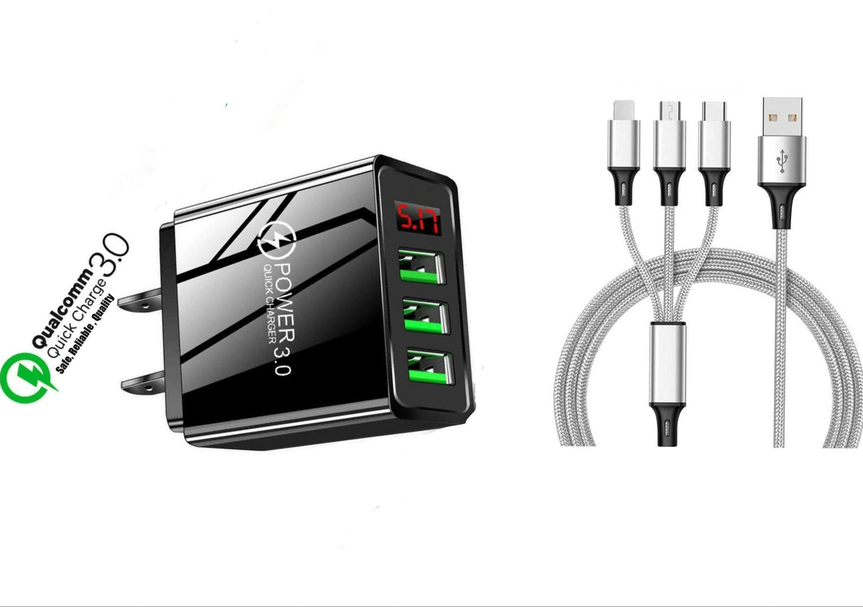 3 port LED Display High Speed Wall Charger Black + 3 in 1 Cable Combo from PremiumBrandGoods