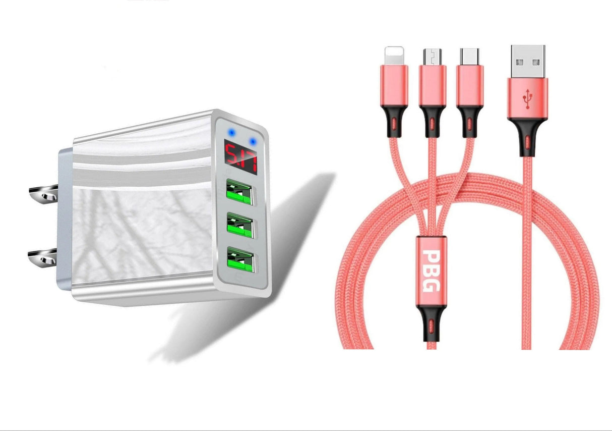 3 port LED Display High Speed Wall Charger White + 3 in 1 Cable Combo from PremiumBrandGoods