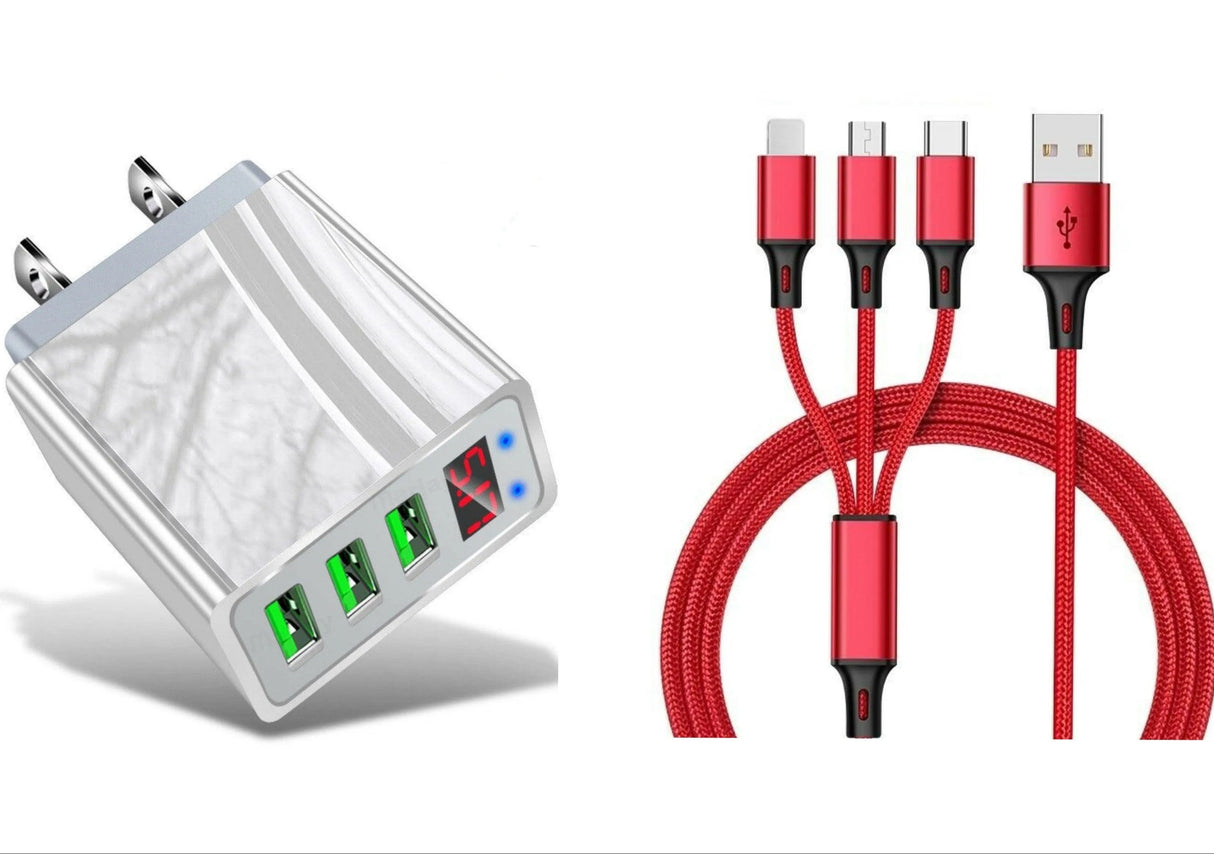 3 port LED Display High Speed Wall Charger White + 3 in 1 Cable Combo from PremiumBrandGoods