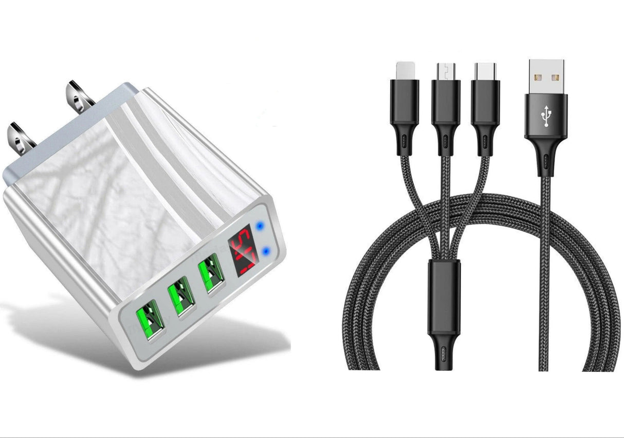 3 port LED Display High Speed Wall Charger White + 3 in 1 Cable Combo from PremiumBrandGoods