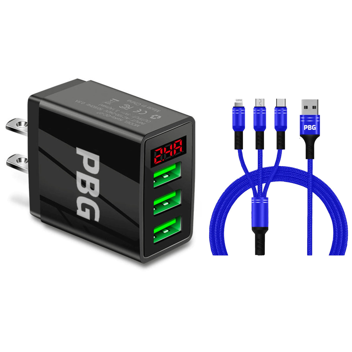 3 port LED Display Wall Charger  and 3 in 1 Cable Bundle Blue from PremiumBrandGoods