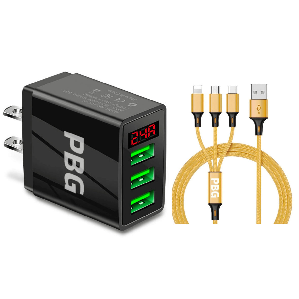 3 port LED Display Wall Charger  and 3 in 1 Cable Bundle Gold from PremiumBrandGoods