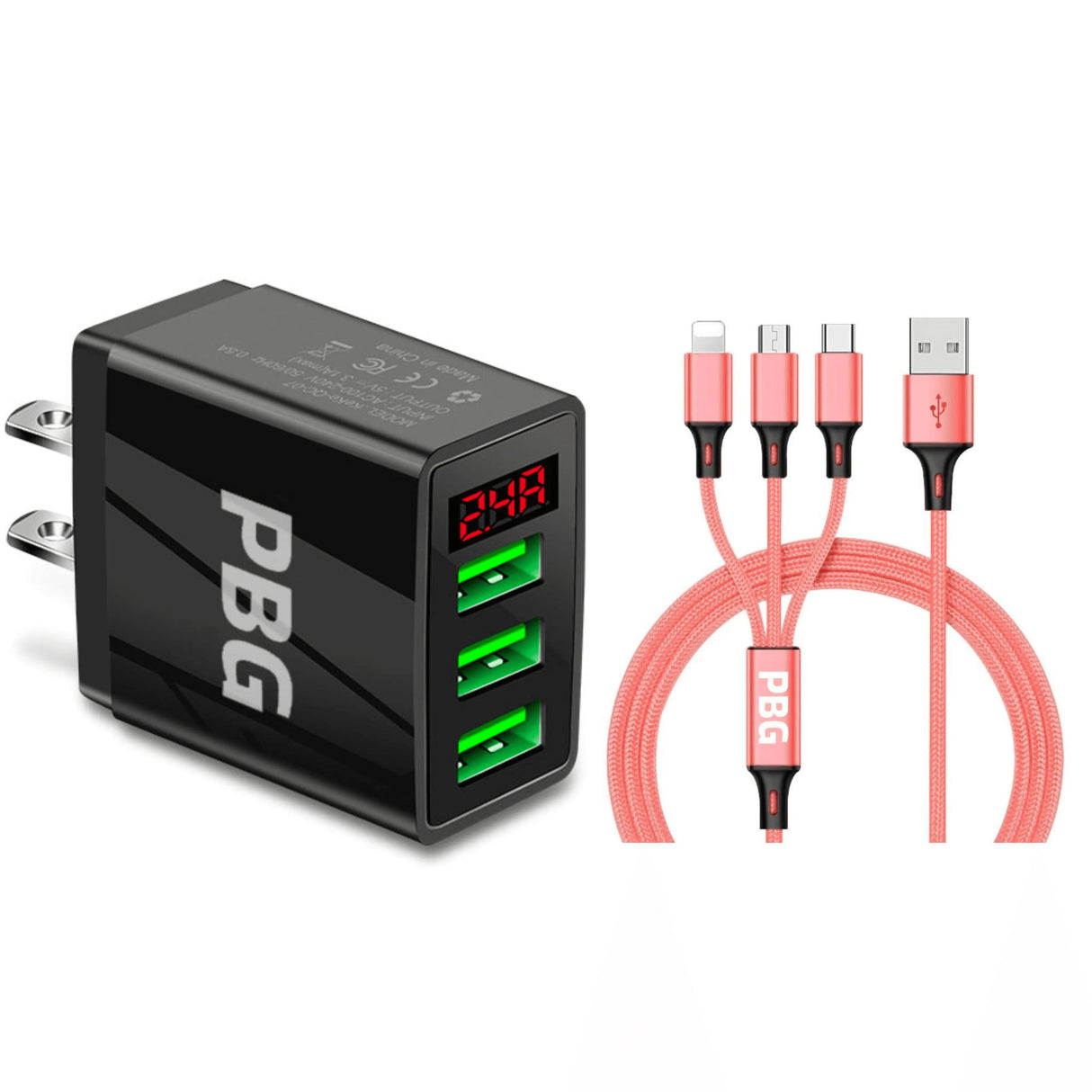 3 port LED Display Wall Charger  and 3 in 1 Cable Bundle Gold from PremiumBrandGoods