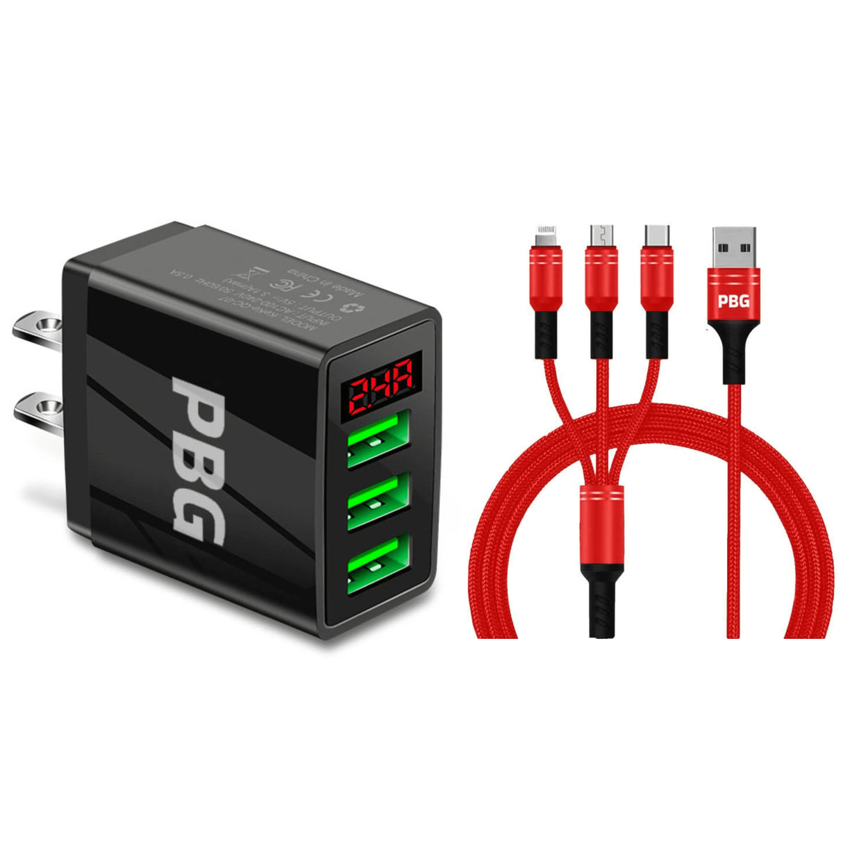 3 port LED Display Wall Charger  and 3 in 1 Cable Bundle Red from PremiumBrandGoods