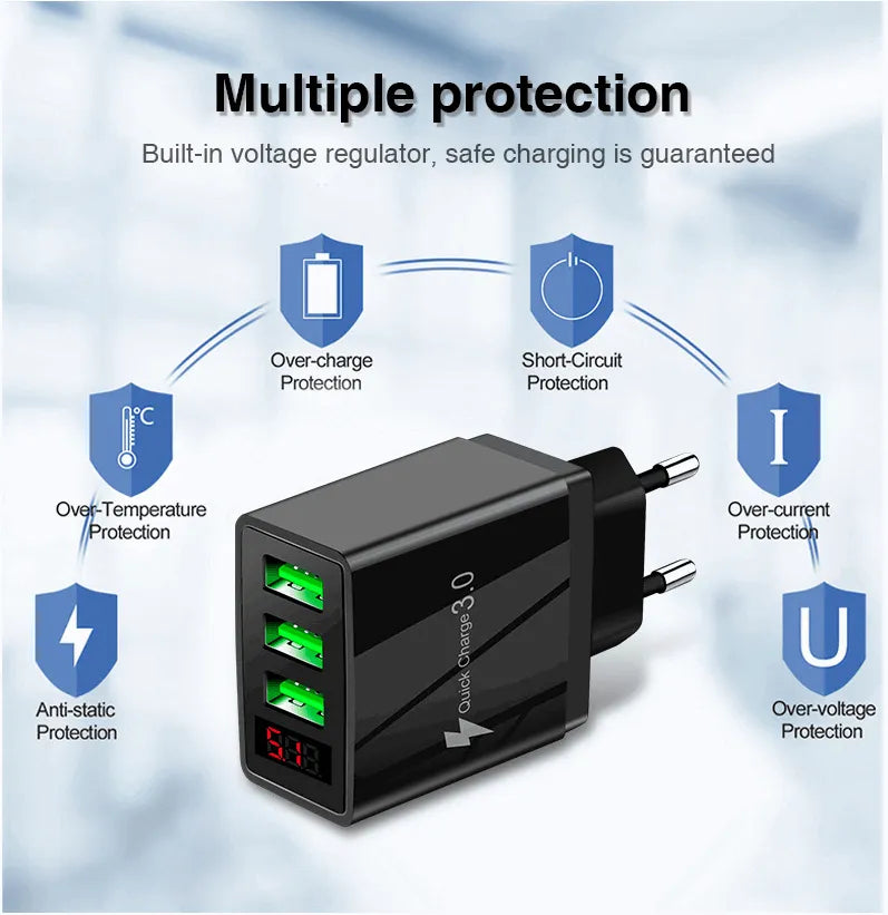 3 port LED Display Wall Charger  and 3 in 1 Cable Bundle Silver from PremiumBrandGoods