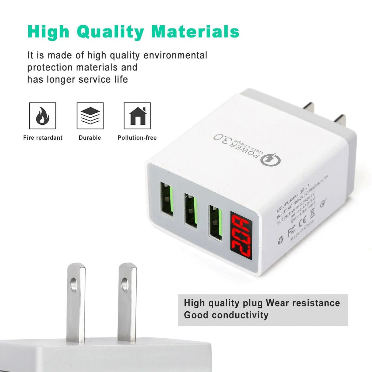 3 Port LED Fast Quick Charge QC 3.0 USB Hub Display Wall Charger Adapter US Plug from PremiumBrandGoods