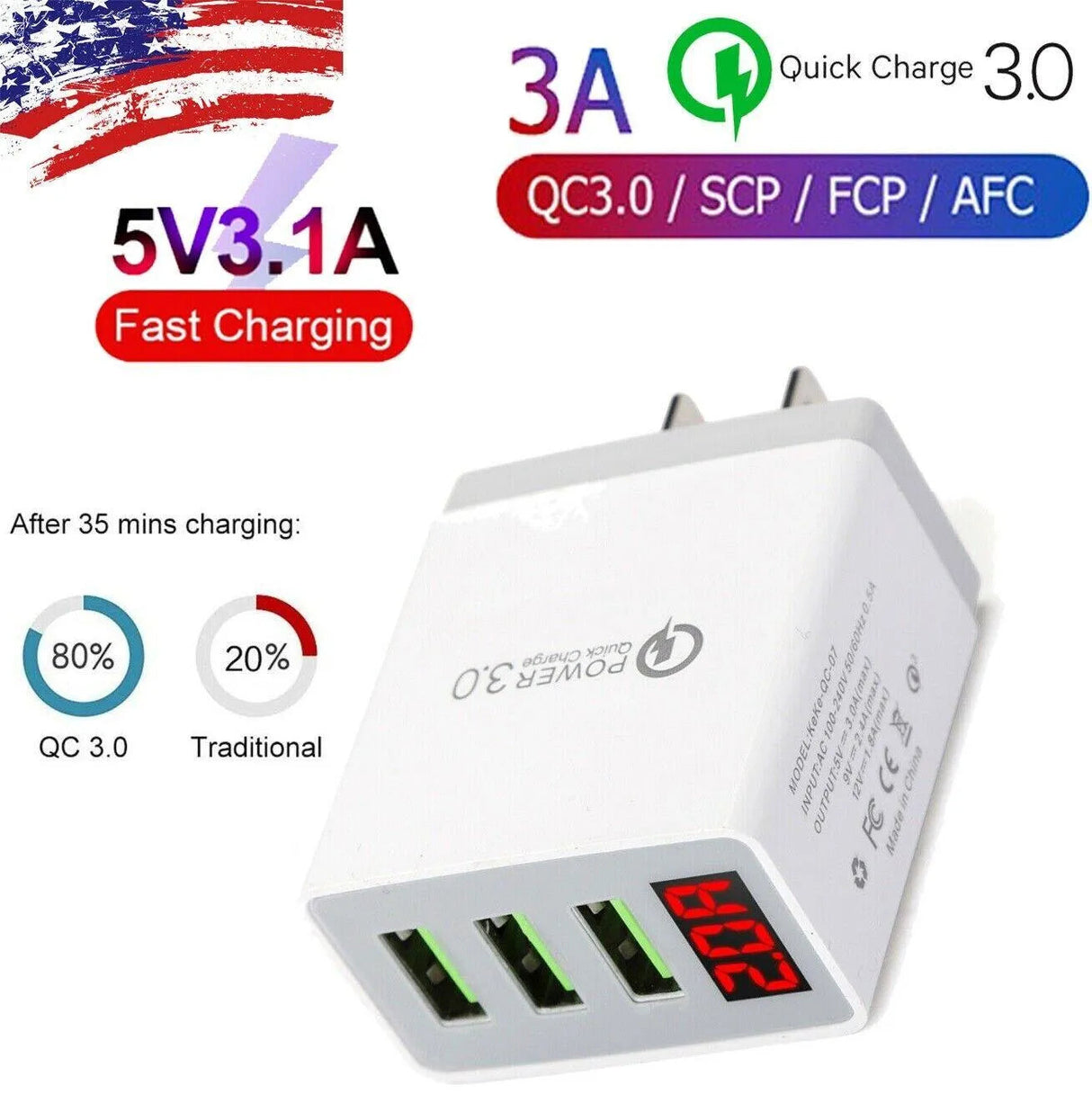 3 Port LED Fast Quick Charge QC 3.0 USB Hub Display Wall Charger Adapter US Plug from PremiumBrandGoods