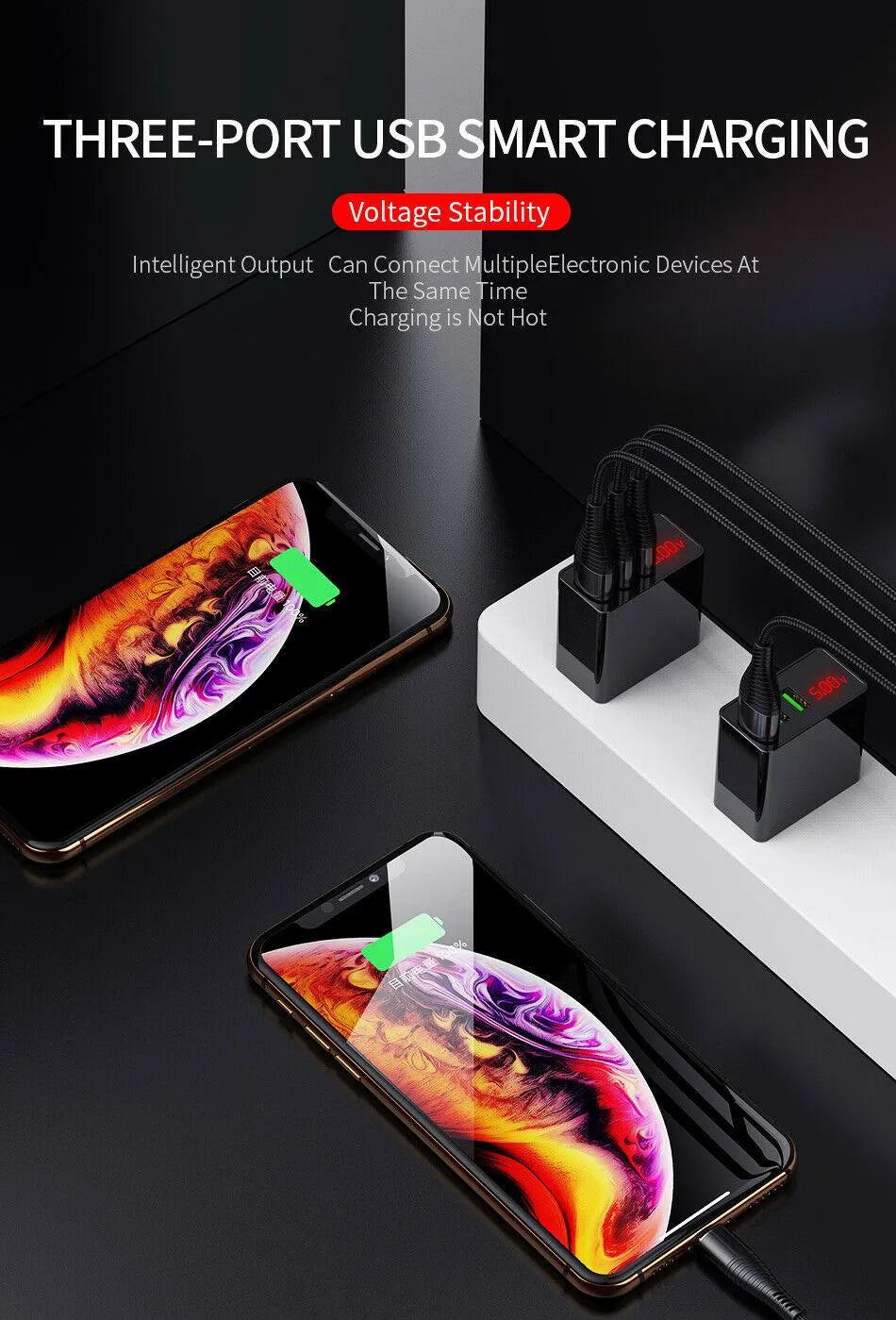 3 Port LED Fast Quick Charge QC 3.0 USB Hub Display Wall Charger Adapter US Plug from PremiumBrandGoods