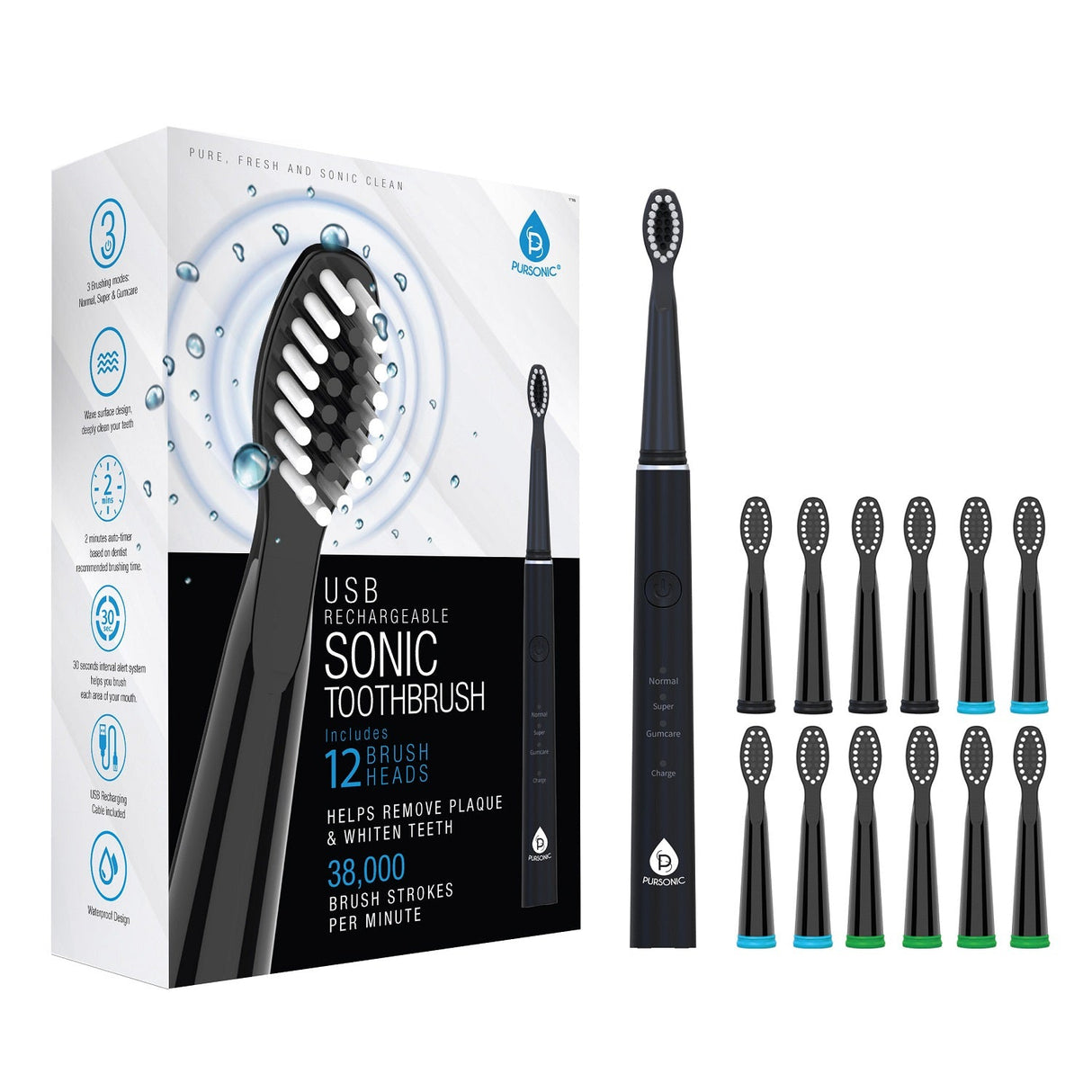 USB Rechargeable Electric toothbrush with 12 Brush Heads from Pursonic