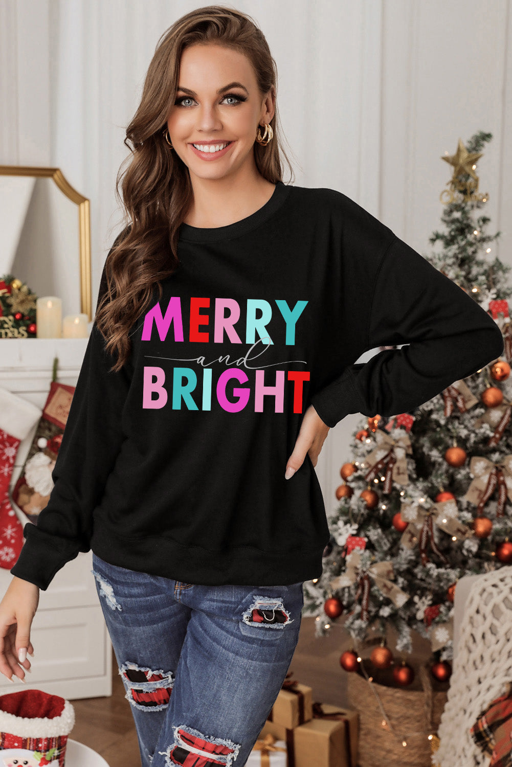 Black Colorful MERRY and BRIGHT Graphic Sweatshirt from MsDressly
