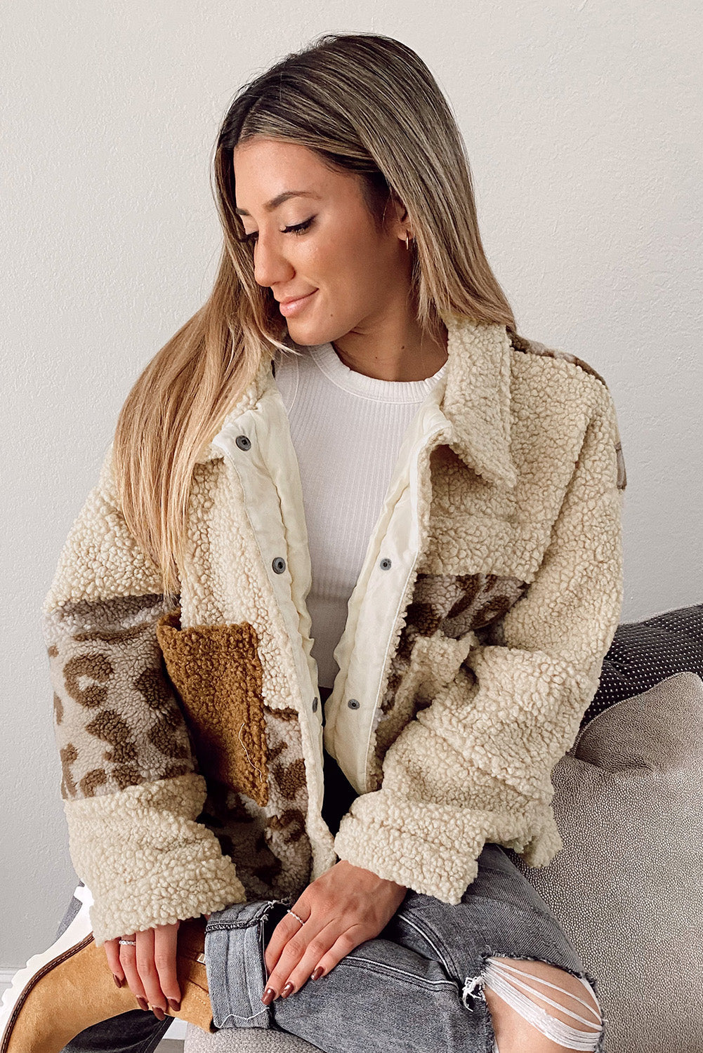 Beige Leopard Patchwork Snap Buttons Sherpa Jacket from MsDressly