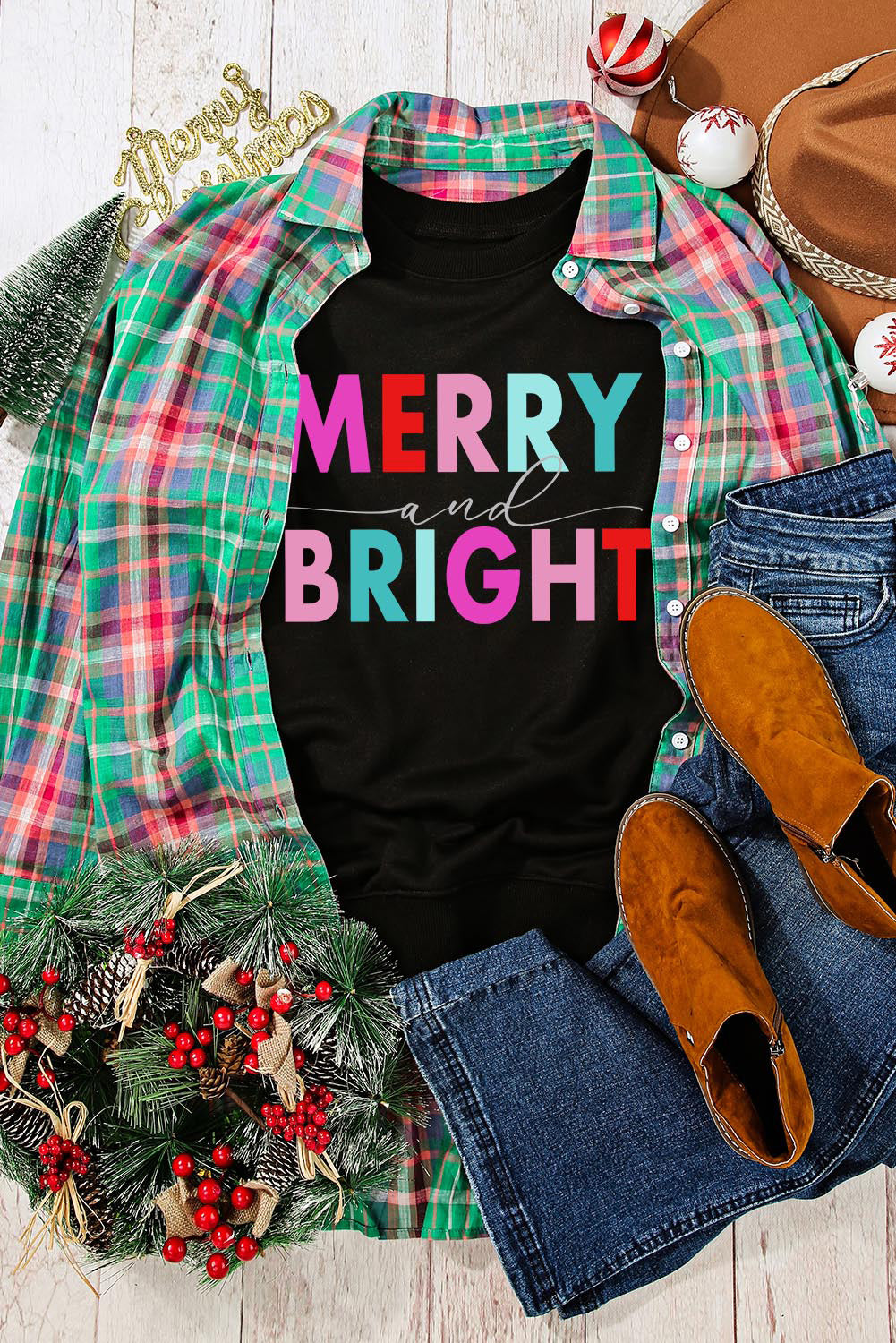 Black Colorful MERRY and BRIGHT Graphic Sweatshirt from MsDressly