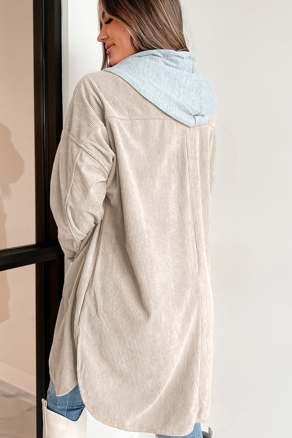 Beige Oversized Corduroy Contrast Hooded Shacket from MsDressly