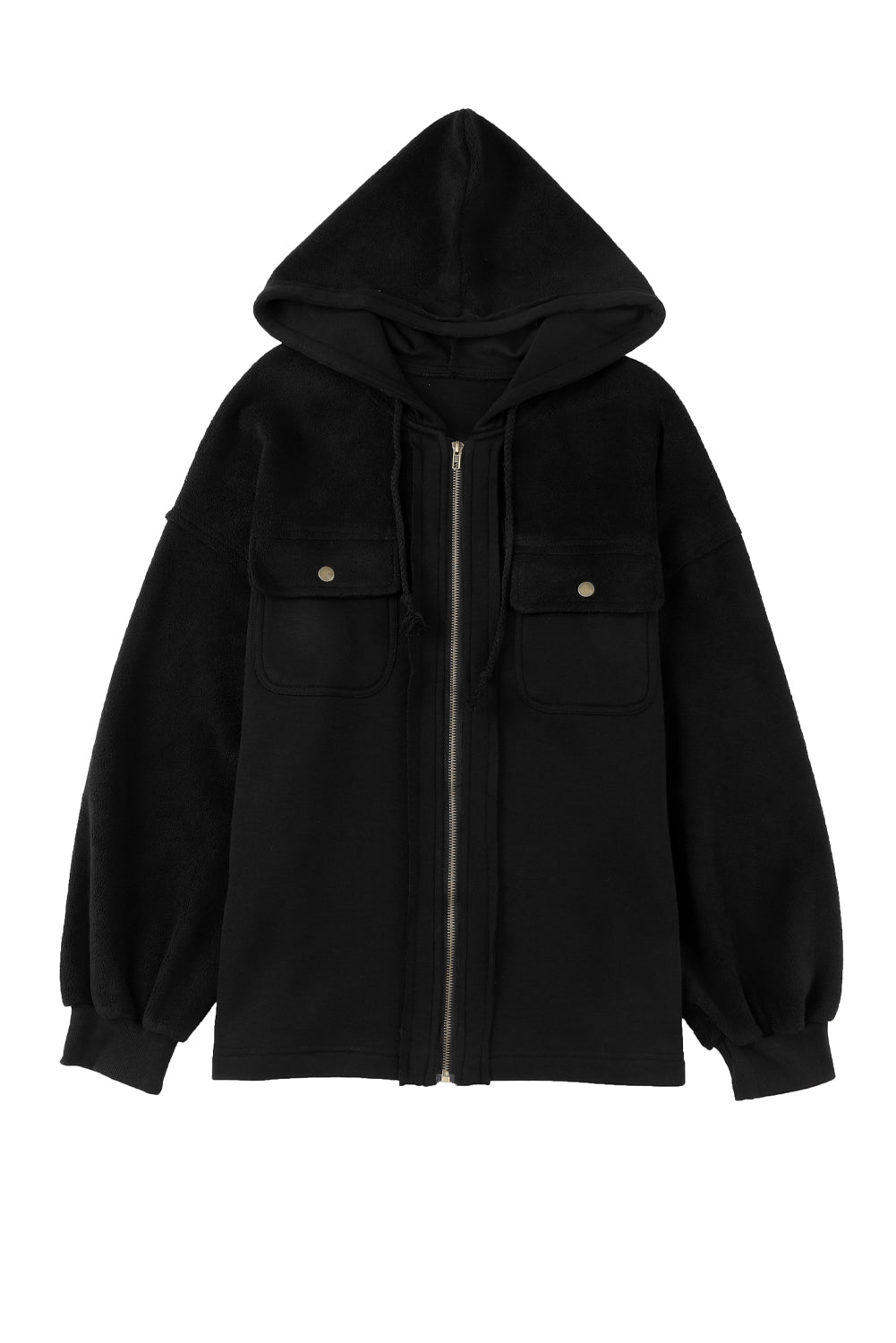 Black Flap Pocket Drawstring Hood Zip Up Jacket from MsDressly