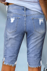 Blue Raw Hem Denim Jorts with Distressed Details, Mid-Stretch Slash Pockets Bermuda Denim Shorts, Women's Denim Jeans & Apparel from MsDressly