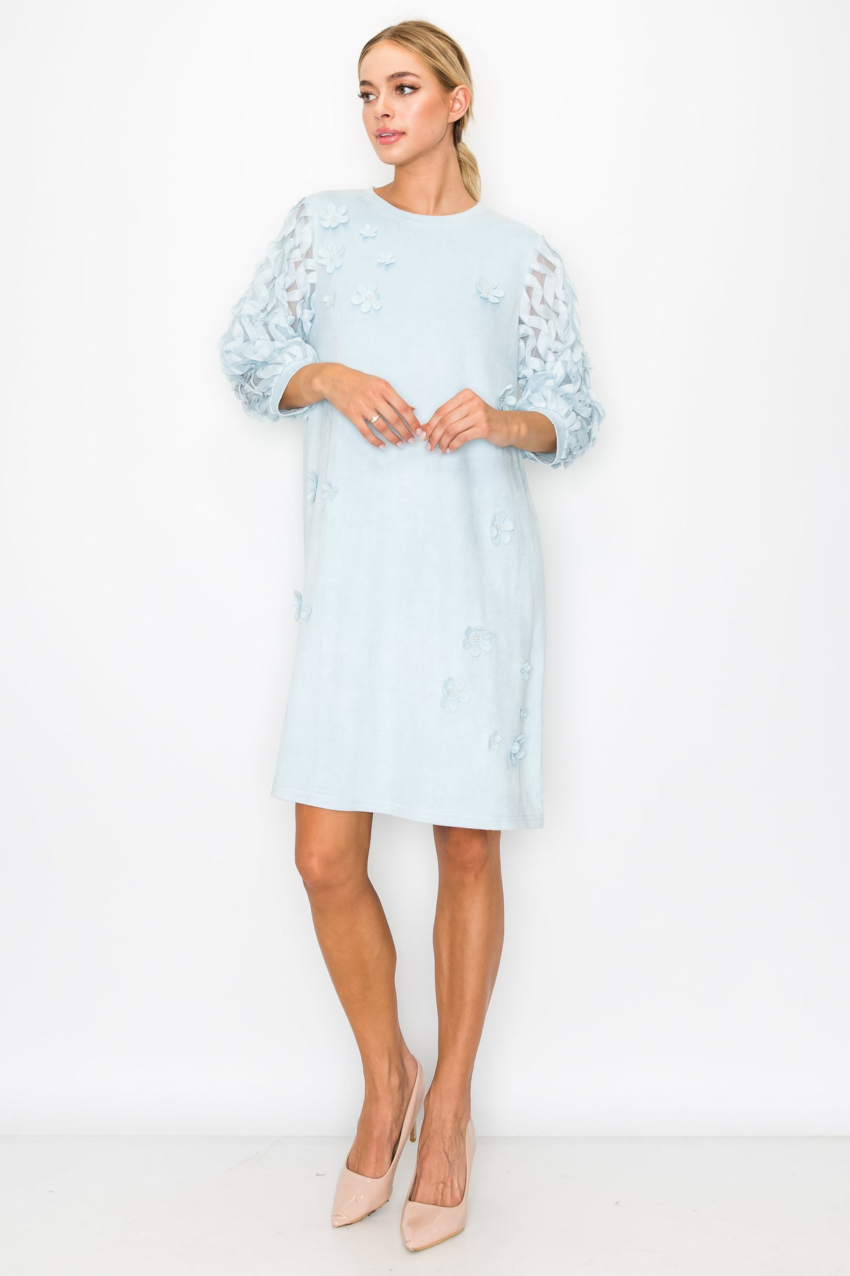Ariana Stretch Suede Dress with Flowers & Lace from Joh Apparel