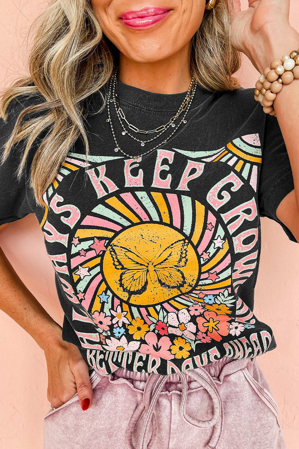 Black Always Keep Growing Butterfly Flower Crewneck T-Shirts from MsDressly