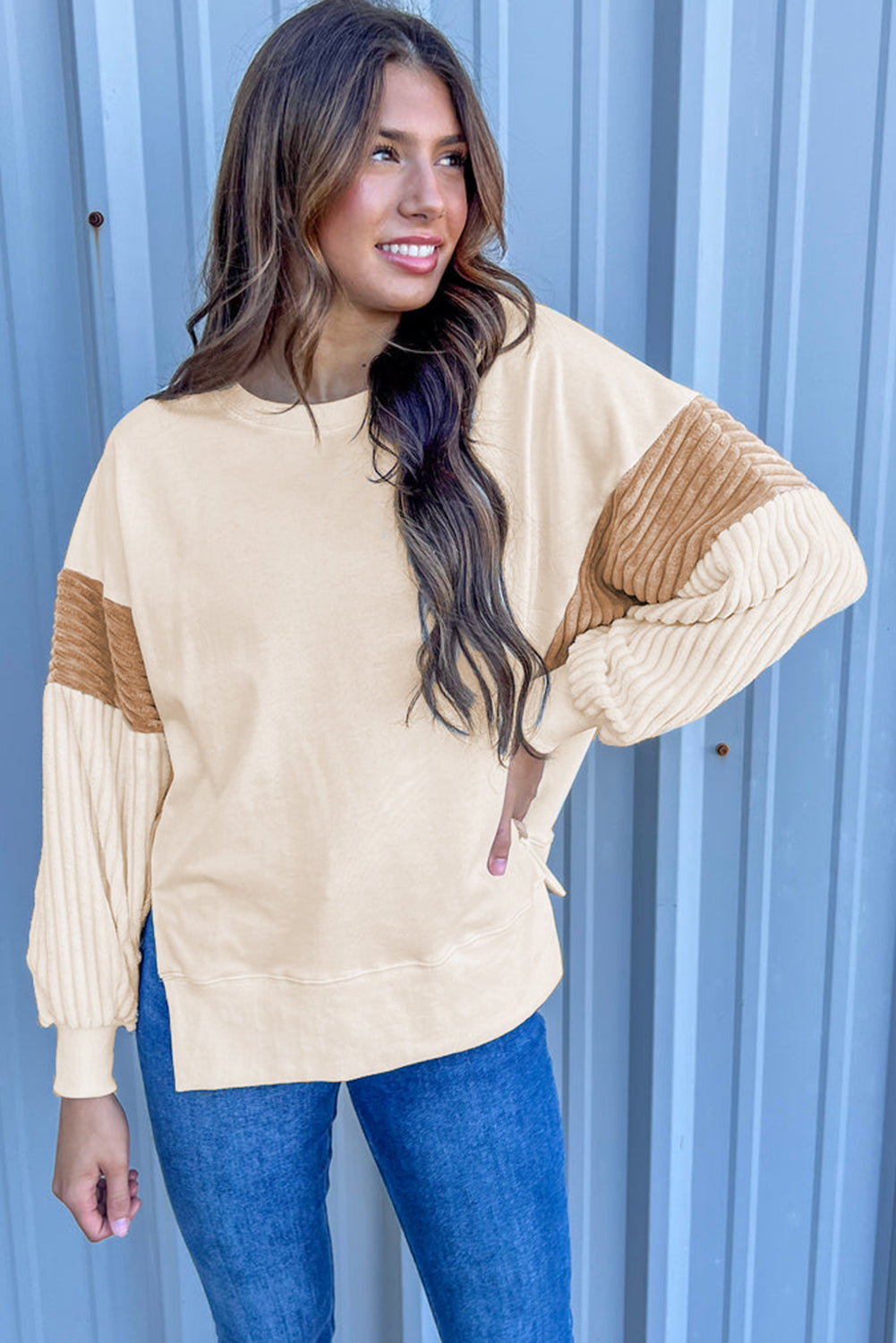 Apricot Corduroy Patchwork Drop Shoulder Long Sleeve Sweatshirt from MsDressly