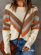 Beige Chevron Stripe Drop Shoulder Knit Pullover from MsDressly